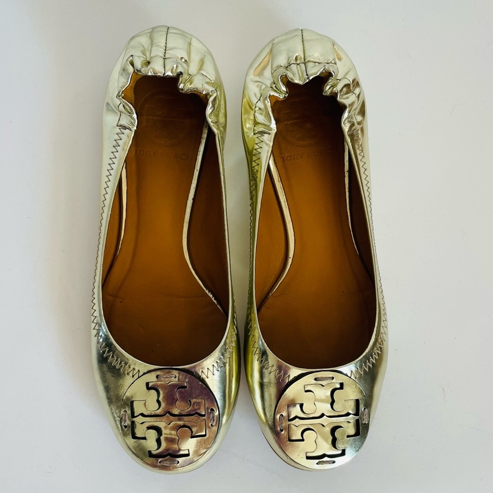 Tory Burch Metallic Gold Leather Minnie Travel Ballet Flats